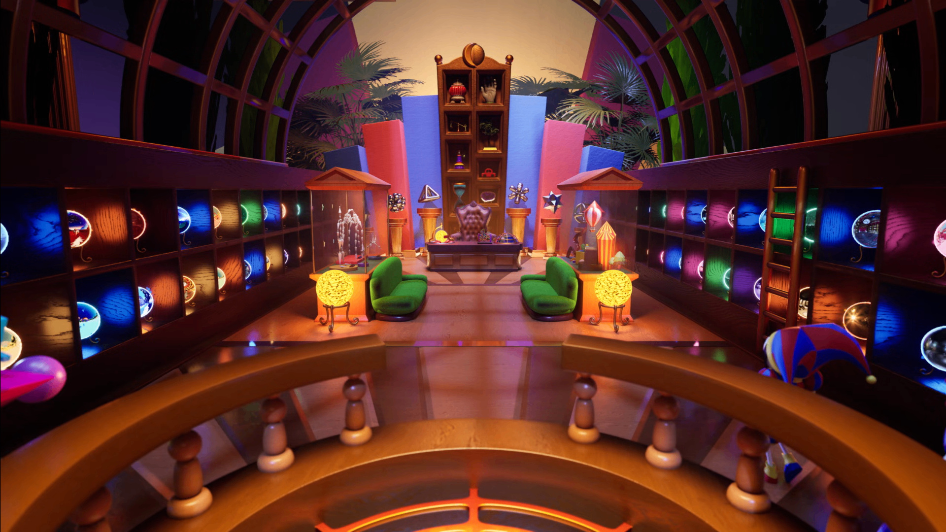 Interior of Caine's office — a domed circular chamber lined with backlit glass dioramas, twin green velvet chairs facing a wooden desk, an artifact shelf, and painted palm-tree wallpaper.