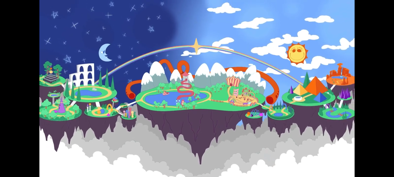 Floating cartoon islands split between starry night and sunny day, connected by a rainbow with a central circus tent