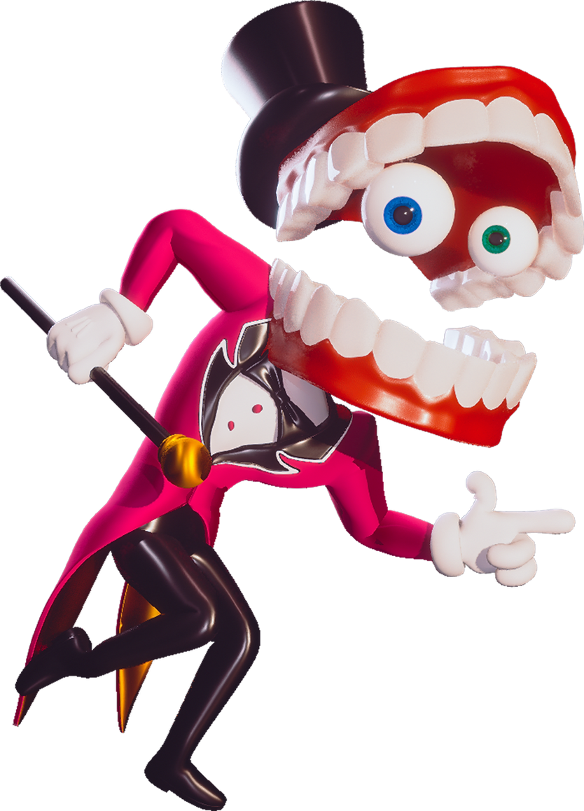 Caine, the AI ringmaster — a top-hatted figure with a floating chattering-teeth head