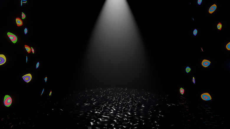 The cellar — wet concrete floor under a single spotlight, eyes peering from the dark walls