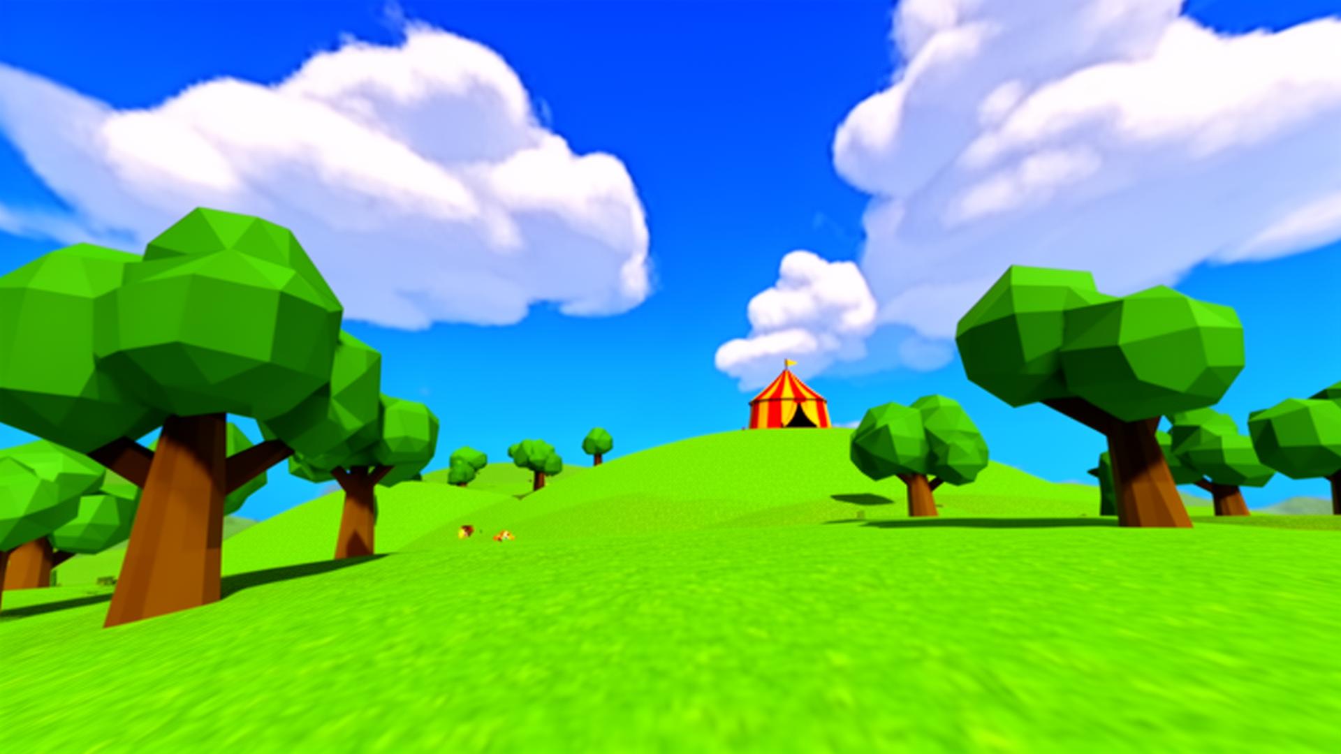 Sunny low-poly cartoon hills with a tiny circus tent