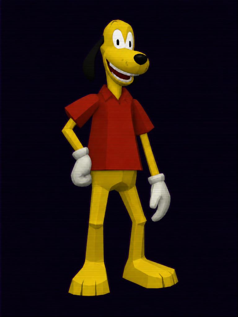 Scratch, a tall yellow dog in a red shirt and white gloves, rendered in low-poly 90s style